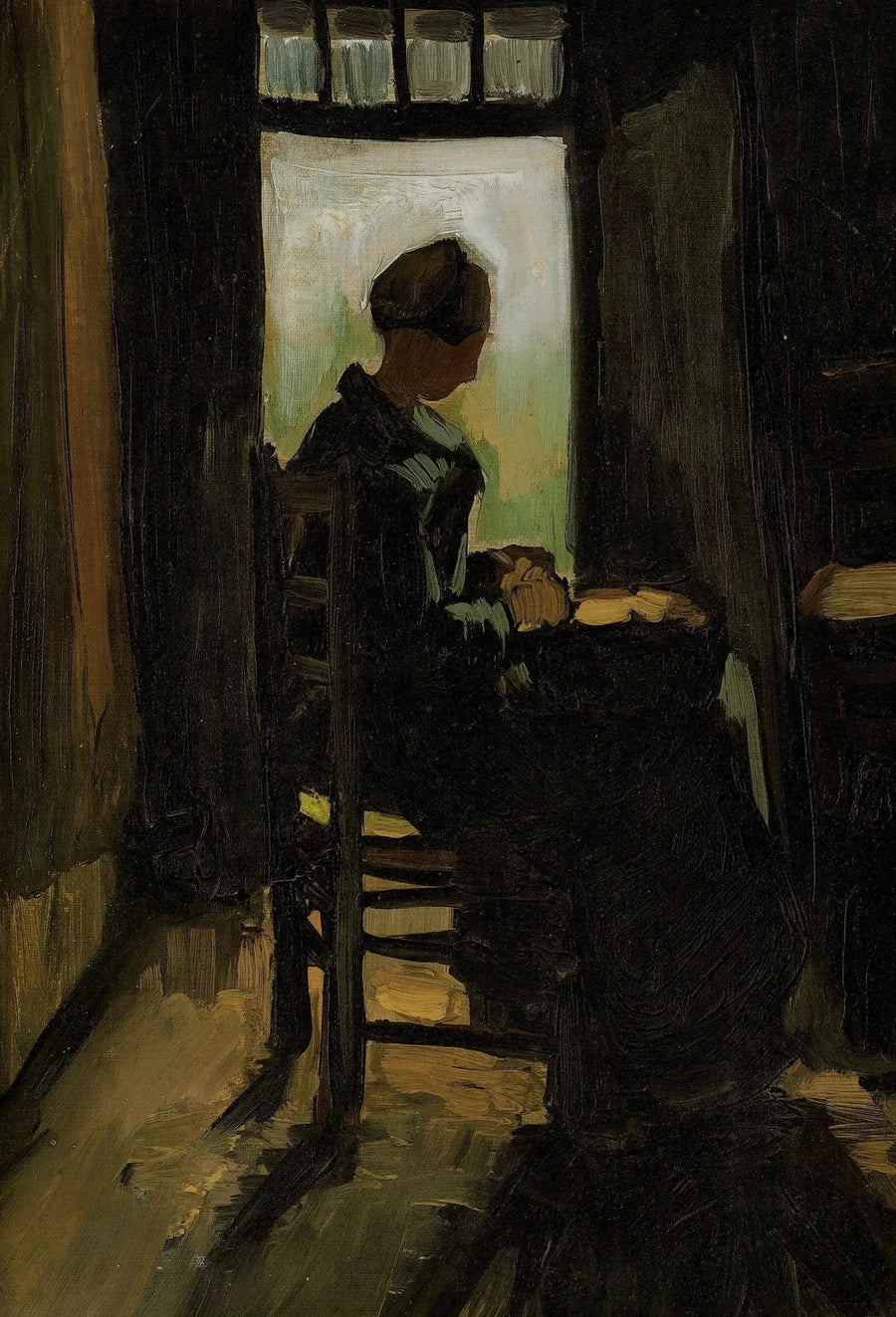 Camponesa sentada em frente a uma porta aberta, descascando batatas - Vincent van Gogh