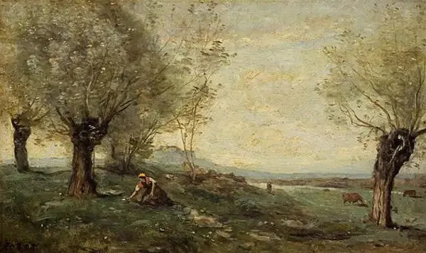 Camponesa cortando grama perto de uma salgueira - Jean-Baptiste Camille Corot