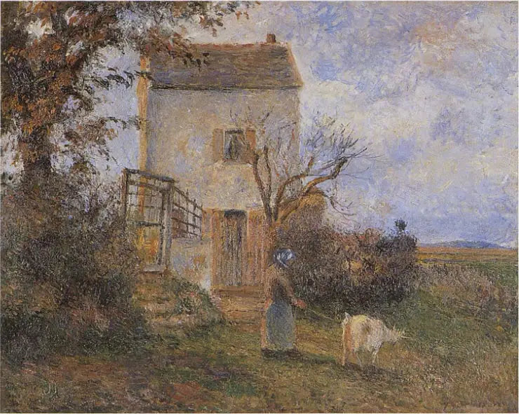 Camponesa e cabra diante de uma casa, arredores de Pontoise - Camille Pissarro