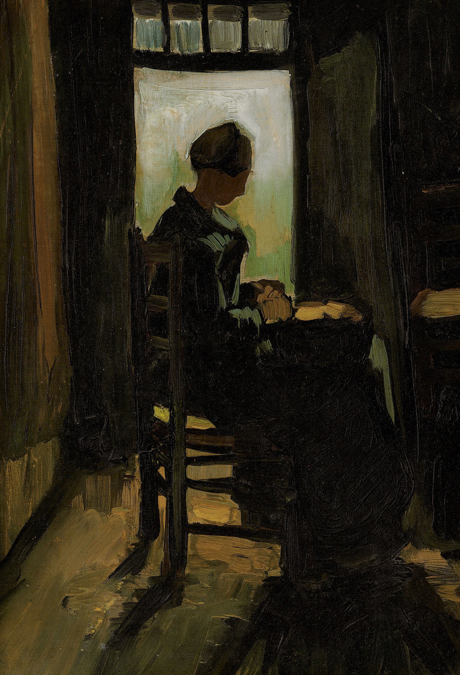 Camponesa sentada em frente a uma porta aberta, descascando batatas - Vincent van Gogh
