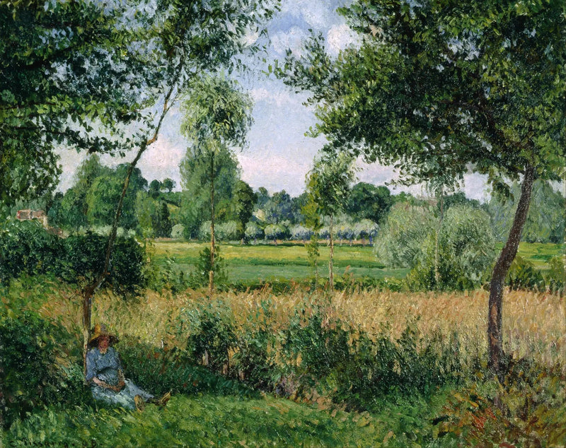 Camponesa descansando à sombra de uma árvore, efeito de sol, Éragny - Camille Pissarro