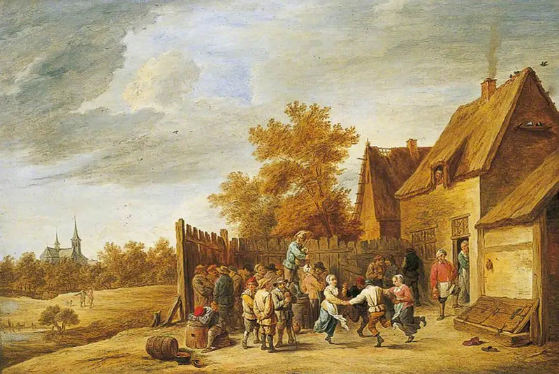 Agricultores dançando na frente de uma pousada - David Teniers, o Jovem