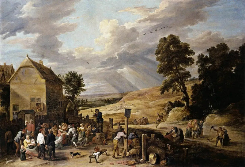 Agricultores dançando na frente de uma pousada - David Teniers, o Jovem