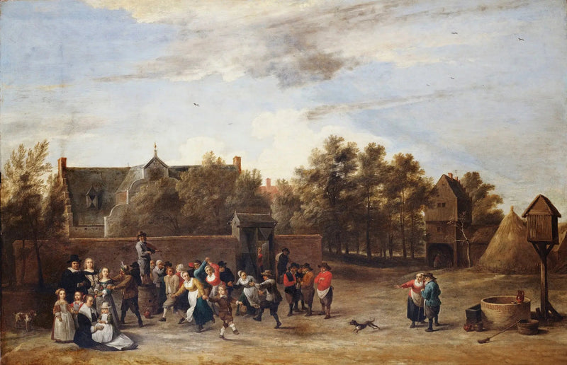 Agricultores dançando em frente a uma casa de campo - David Teniers Júnior