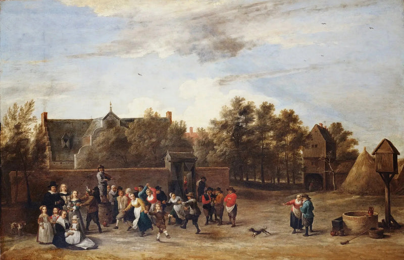 Agricultores dançando em frente a uma casa de campo - David Teniers Júnior