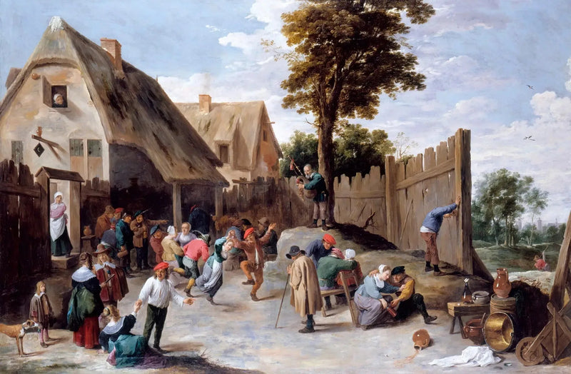 Camponeses dançando na frente de uma taverna - David Teniers, o Jovem