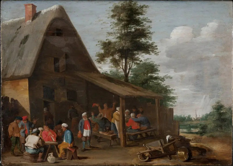 Agricultores festejando diante de uma pousada de vila - David Teniers, o Jovem