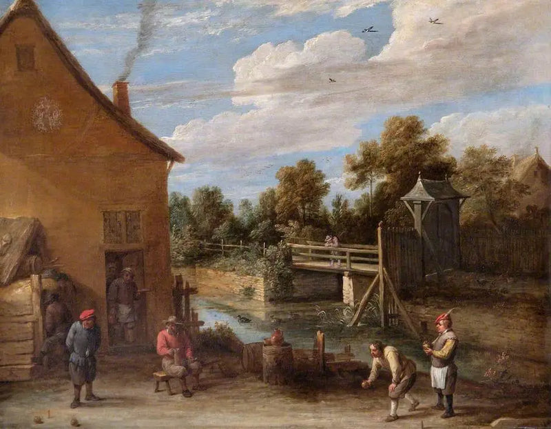 Agricultores jogando bocha na frente de uma pousada às margens de um rio - David Teniers, o Jovem