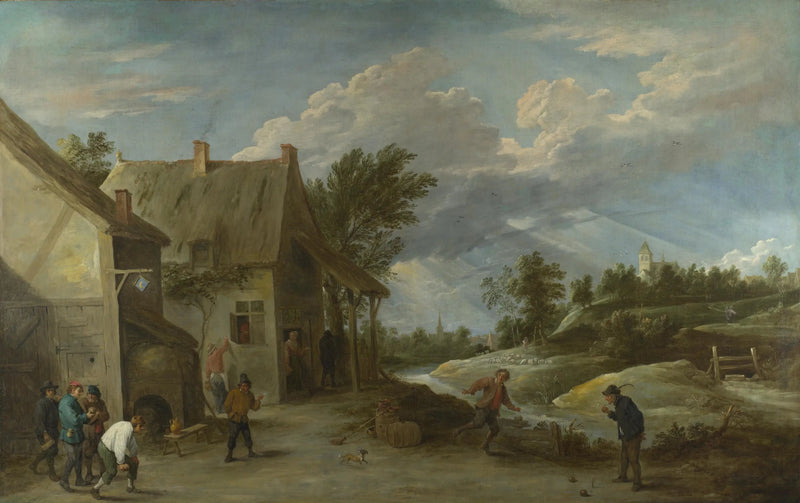 Agricultores jogando bocha na frente de uma pousada de vila - David Teniers, o Jovem