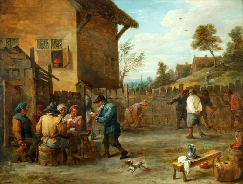 Camponeses jogando cartas e boliche em um pátio - David Teniers, o Jovem