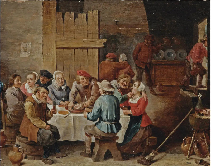 Camponeses comendo e bebendo em um interior - David Teniers, o Jovem