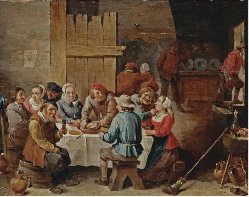Camponeses comendo e bebendo em um interior - David Teniers, o Jovem