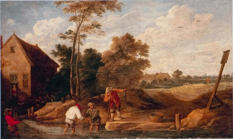 Agricultores pescando em um riacho, perto de uma cabana - David Teniers Júnior