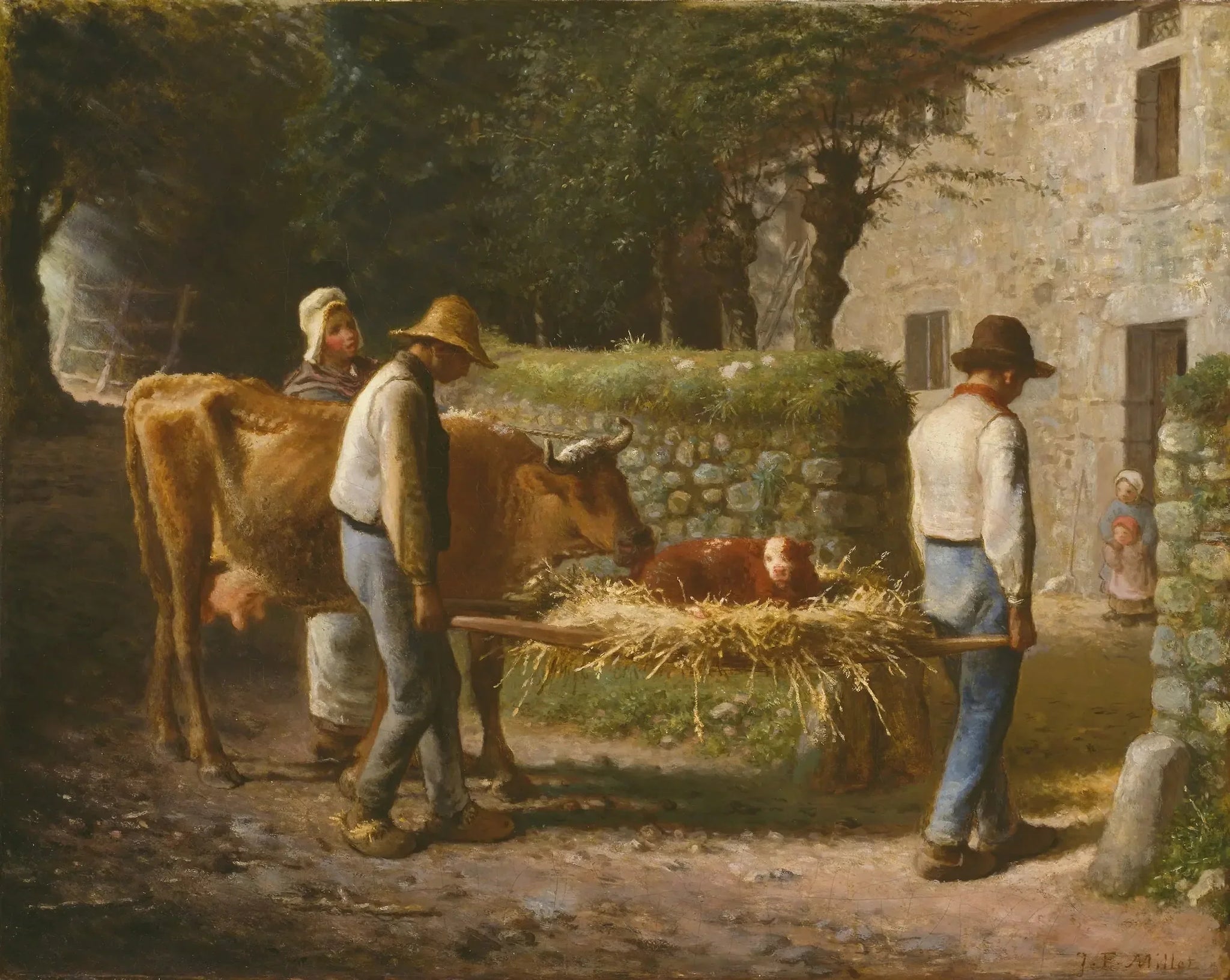 Paysans ramener chez eux un veau né dans les champs - Jean-François Millet image 1 reproduction artisanale de tableau