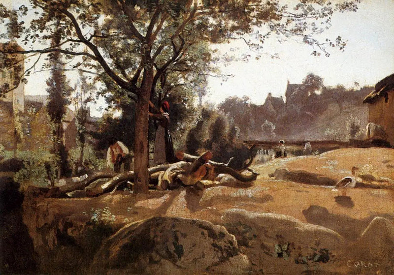 Camponeses sob as árvores ao amanhecer - Jean-Baptiste Camille Corot