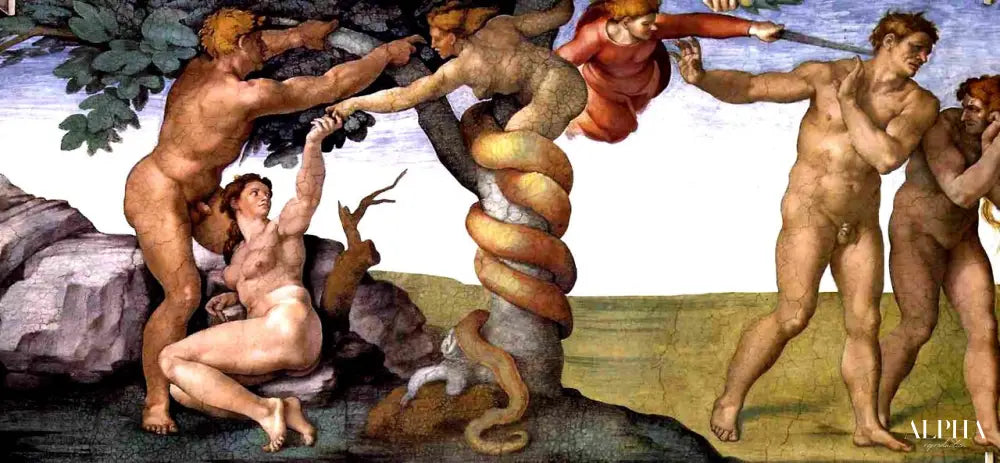 Péché et expulsion du paradis. Peinture de la chapelle Sixtine à Rome - Michel-Ange - Reproductions de tableaux et peintures haut de gamme