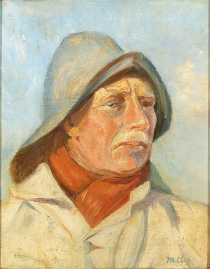 Pêcheur portant un ciré et une écharpe rouge. - Michael Peter Ancher image 1 reproduction artisanale de tableau