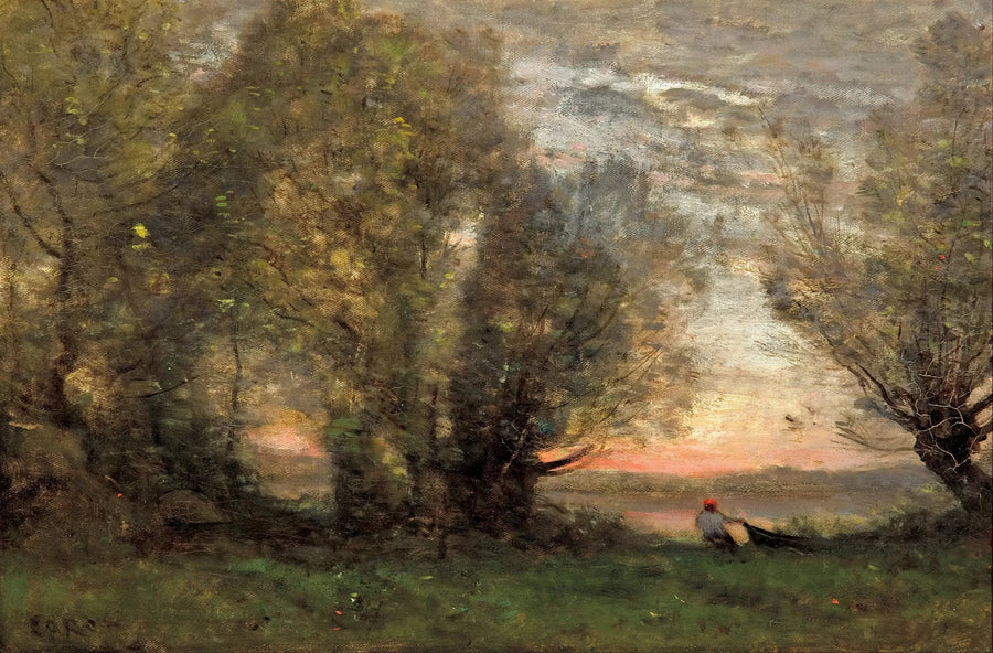 Pescador puxando seu barco perto de um velho salgueiro, efeito do entardecer - Jean-Baptiste Camille Corot
