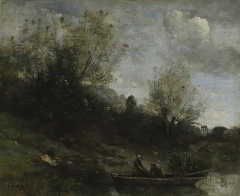 Pescadores em barco à beira do rio - Jean-Baptiste Camille Corot