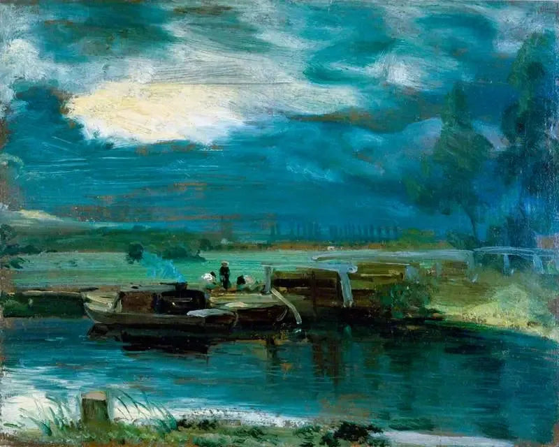 Barcos de carga no rio Stour com a igreja de Dedham ao longe - John Constable