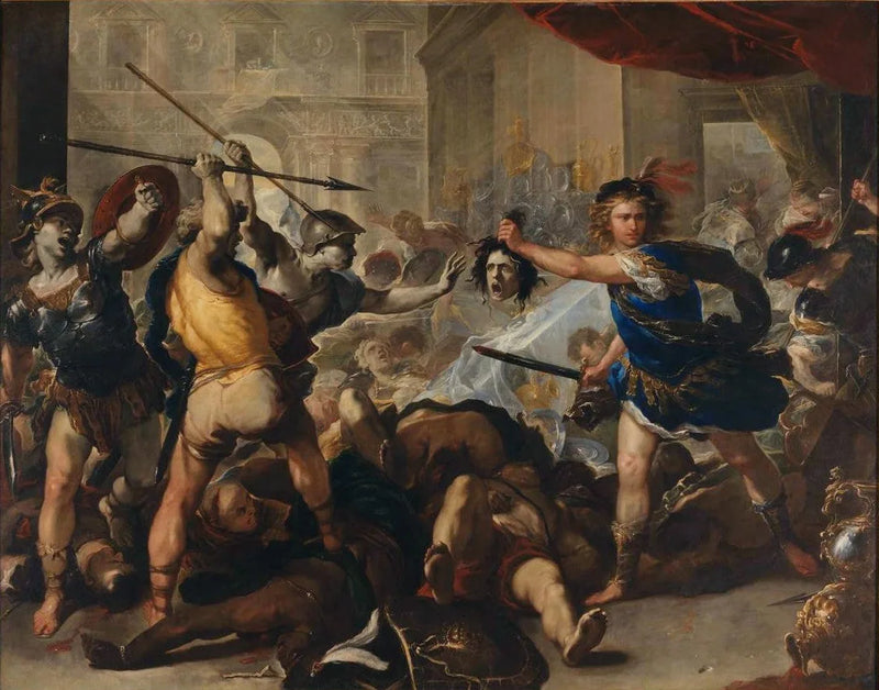 Perséu transformou Fenícia e seus companheiros em pedra - Luca Giordano