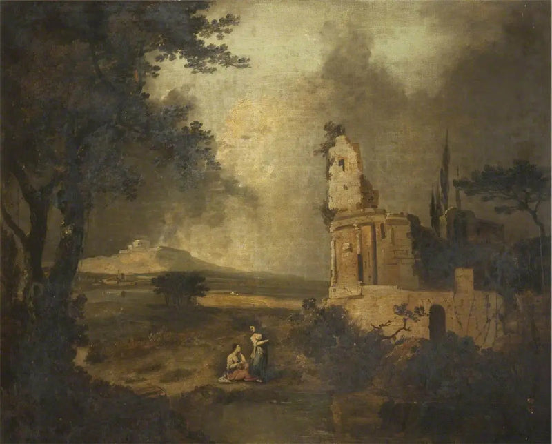 Personagens conversando em primeiro plano; ao longe, Belém - Claude Lorrain