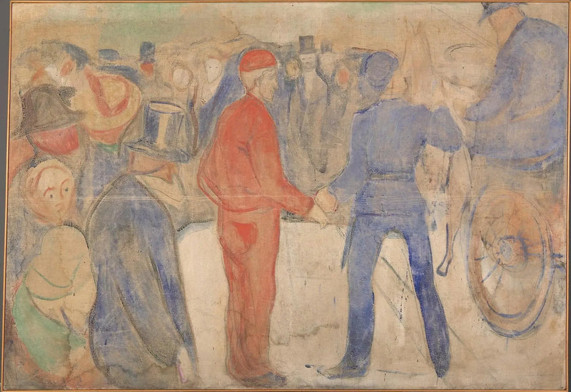 Pessoas se aglomerando em torno de um homem de vermelho - Edvard Munch
