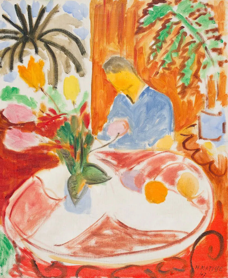 Pequeno Interior na Mesa de Mármore Redonda, Palmeira e Personagem - Henri Matisse