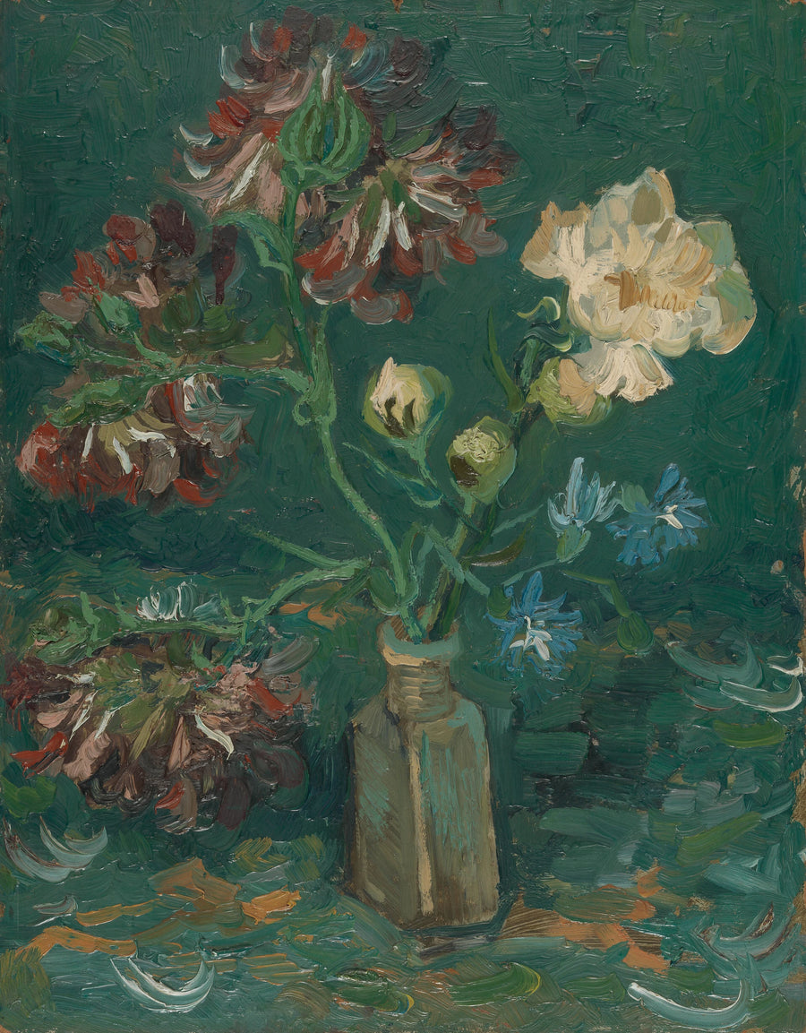 Pequena garrafa com peônias e delphiniuns azuis - Vincent van Gogh