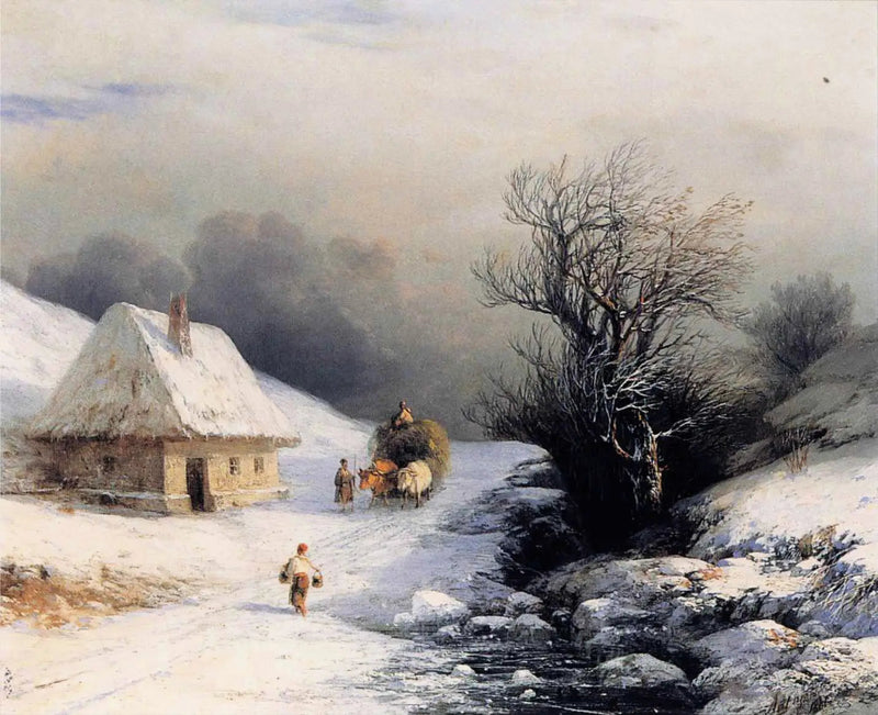 Pequena carroça de bois russa no inverno - Ivan Aivazovsky