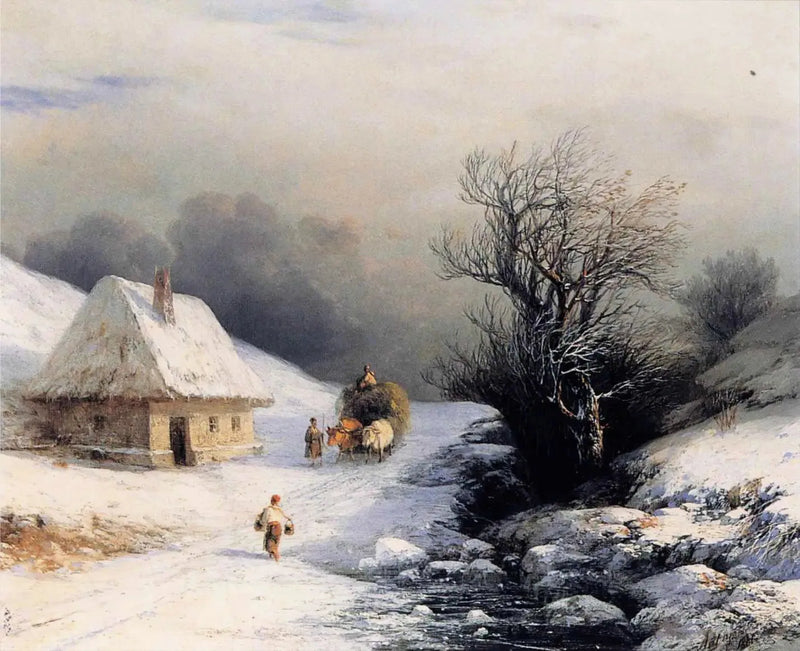 Pequena carroça de bois russa no inverno - Ivan Aivazovsky