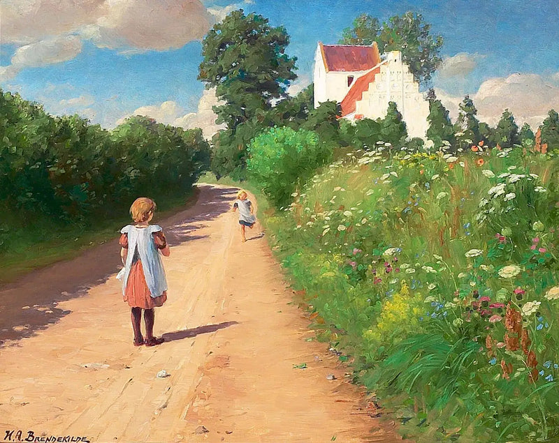 meninas pequenas brincando na frente da igreja de Brændekilde em um dia quente de verão. - H. A. Brendekilde