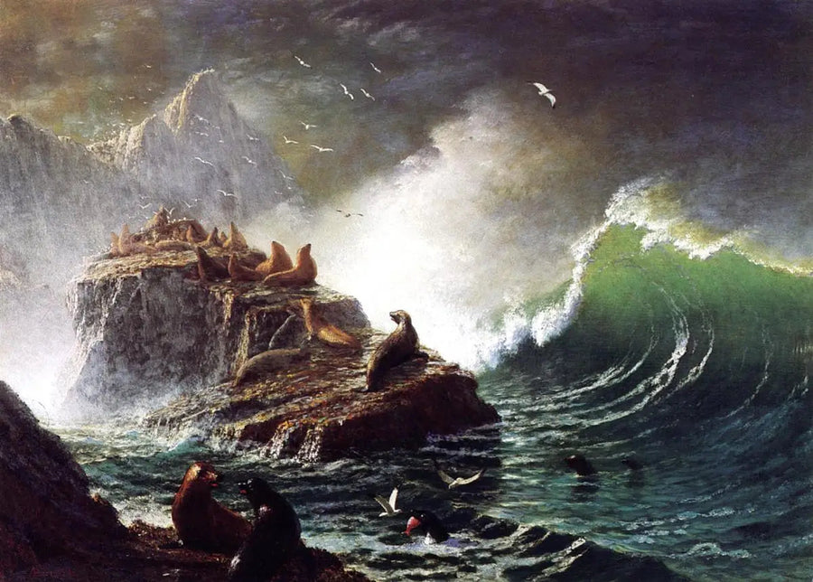 Focas sobre as rochas, Ilhas Farallon - Albert Bierstadt