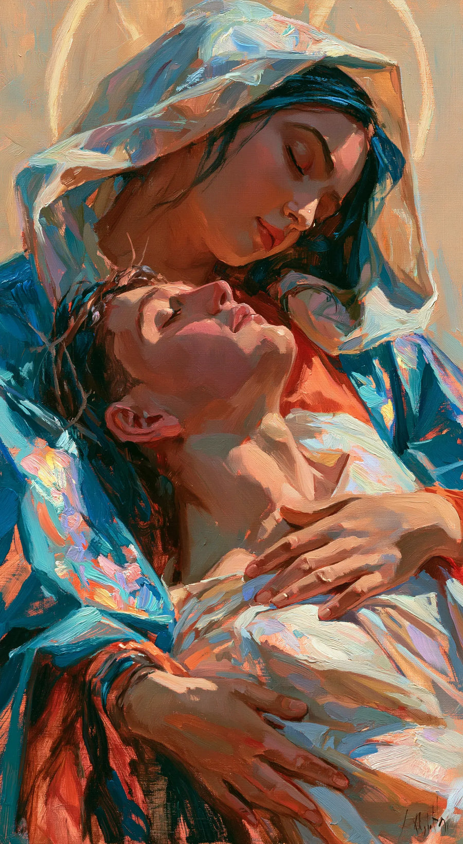 Marie au voile bleu pâle penchée sur le visage tourné du Christ en le soutenant de ses mains dans une lumière pêche