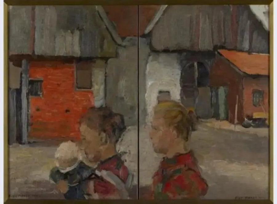Telhados traseiros de edifícios agrícolas com personagens - Piet Mondrian