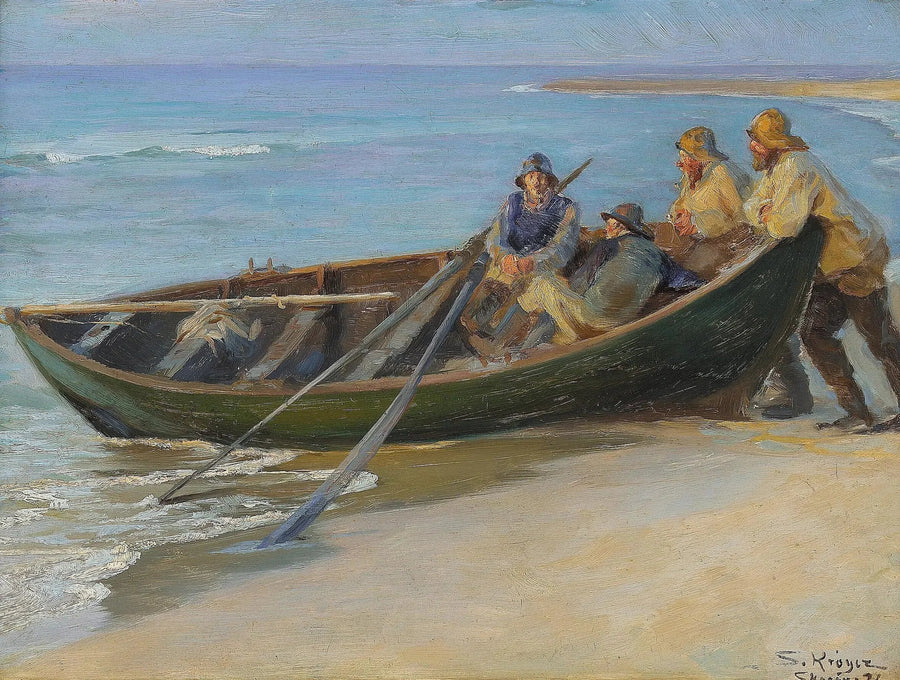 Praia do Norte de Skagen. Um barco verde à beira da água. Dois pescadores sentados no barco, apoiados nas bordas. Dentro, uma vara de pesca e dois remos. - Peder Severin Krøyer