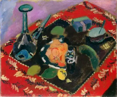 Pratos e frutas sobre um tapete vermelho e preto (O Tapete Vermelho) - Henri Matisse