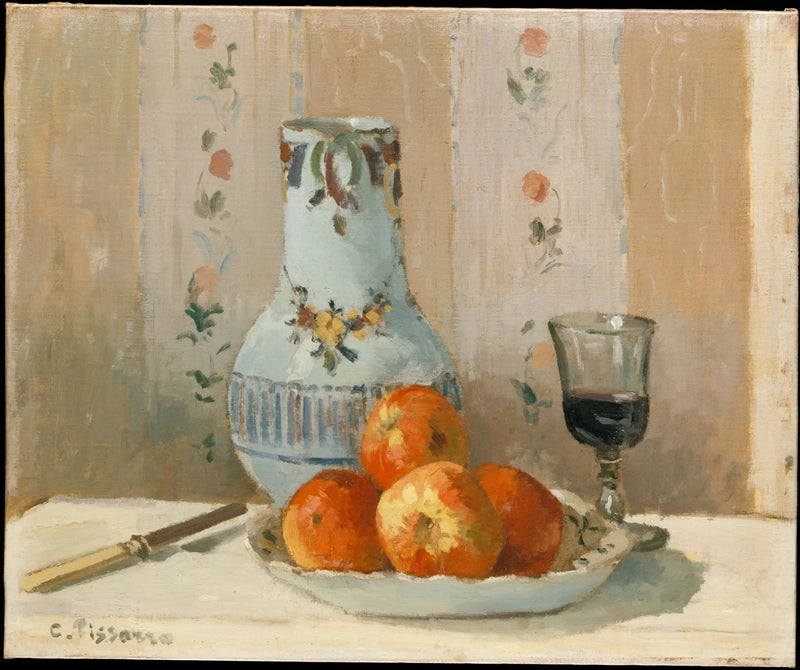 Castanhas e cerâmica esmaltada sobre uma mesa - Camille Pissarro