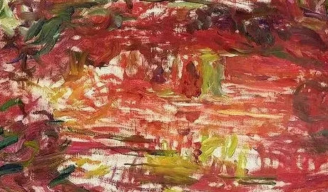 Détail des rouges, roses et verts reflétés dans le bassin de Giverny