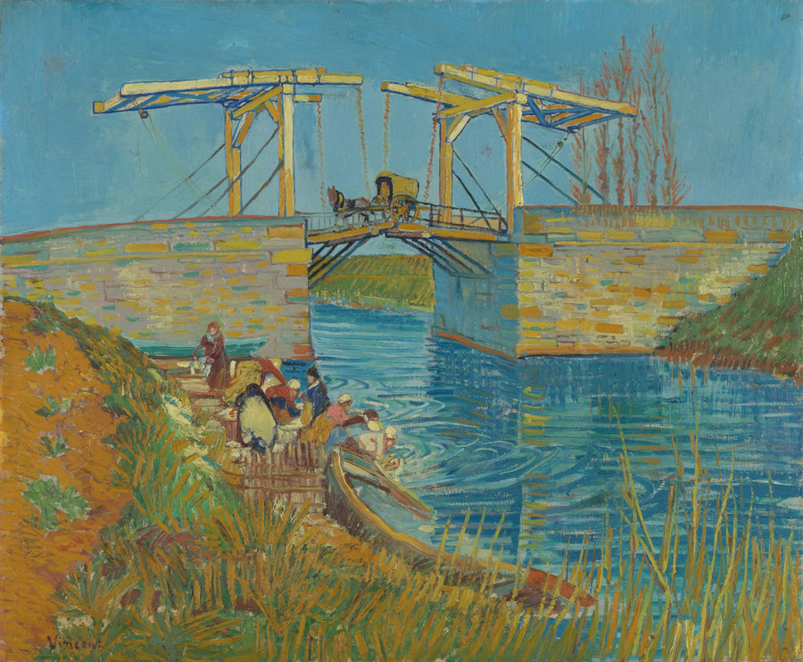 Pont de Langlois avec lavandières, F397 — pont-levis jaune, canal et femmes au travail peints par Vincent van Gogh