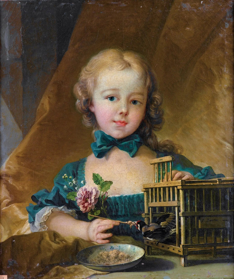 Retrato de Alexandrine Le Normant d'Étiolles brincando com um cardeal - François Boucher