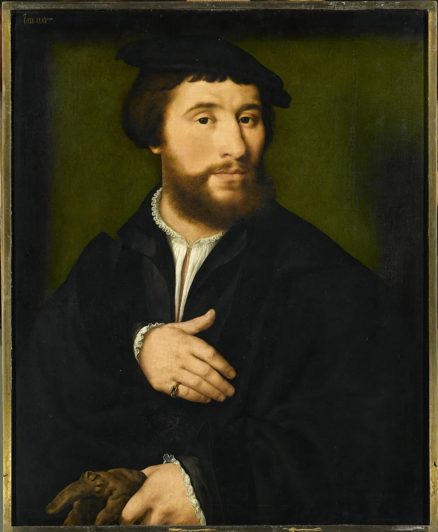 Retrato de homem vestido de preto e segurando seus luvas com uma mão - Joos van Cleve