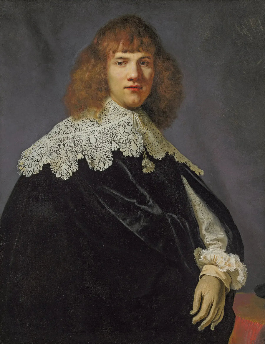 Retrato de um cavalheiro, até a cintura, vestido com um casaco de veludo preto e um colarinho e punhos de renda branca - Rembrandt