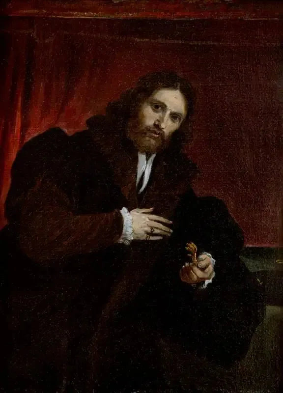 Retrato de um homem com casaco de pele segurando uma garra de leão (baseado em Lorenzo Lotto) - David Teniers o Jovem