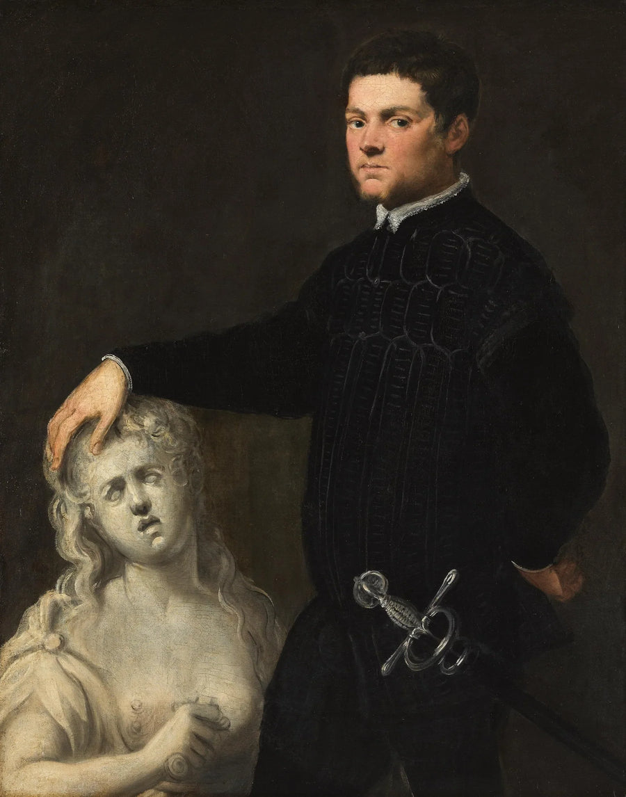 Retrato de um jovem com uma escultura de Lucrécia - Tintoret - Jacopo Tintoretto