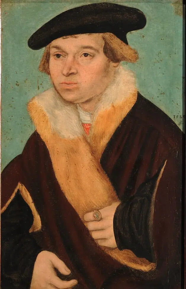 Retrato de um jovem de cabelo curto com barba feita, usando um casaco com peles, luz - Lucas Cranach, o Velho