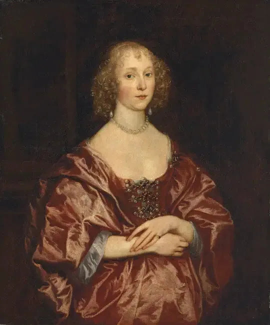 Retrato de uma dama, até a cintura, vestindo um vestido vermelho bordado com pérolas e diamantes - Antoine van Dyck