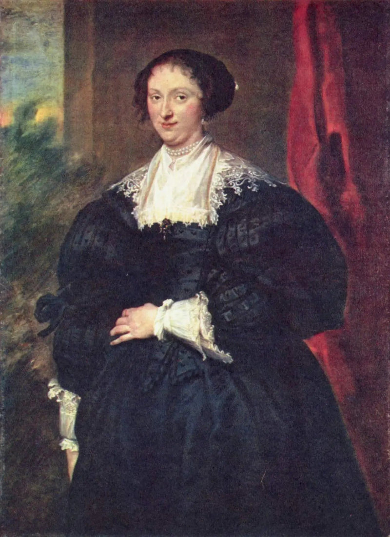 Retrato de uma dama de preto diante de uma cortina vermelha - Antoine van Dyck