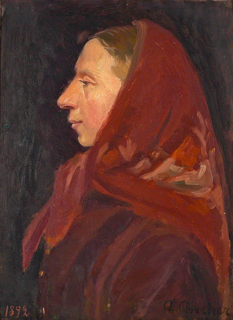 Retrato de uma mulher usando um lenço vermelho. - Anna Ancher