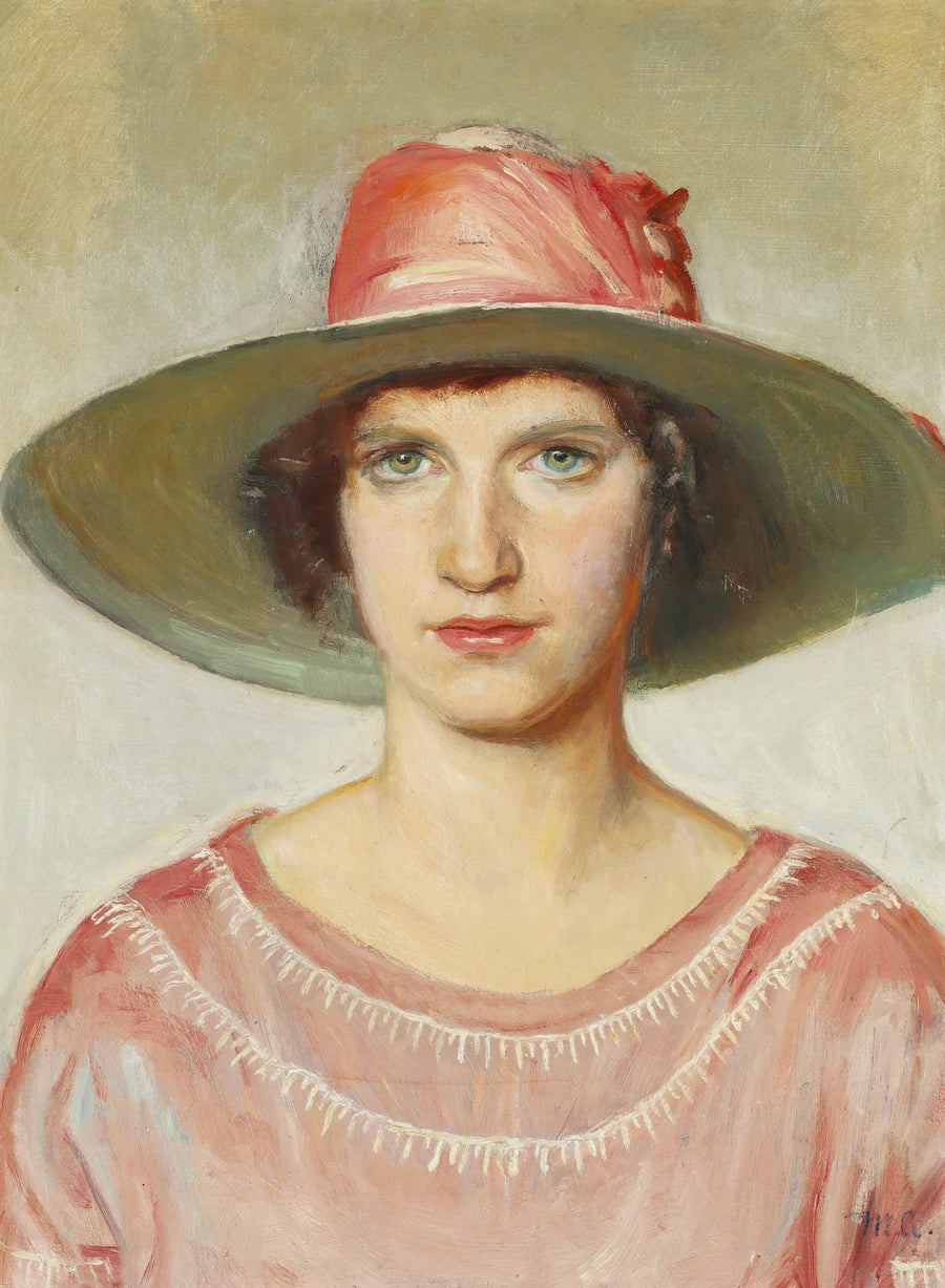 Retrato de uma menina de vestido rosa e chapéu de palha decorado com uma fita rosa - Michael Peter Ancher
